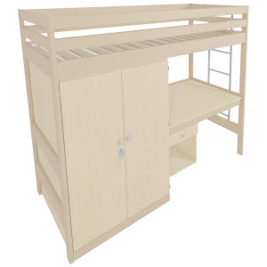 Lit mezzanine VERCORS II bois armoire à gauche et bureau mélaminé sommier à lattes rigides - 90x200 cm