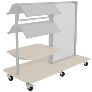 Présentoir MILOSEPT mobile double face stratifié mélaminé 4 tablettes époxy et affiche - L186,5xP86xH150 cm