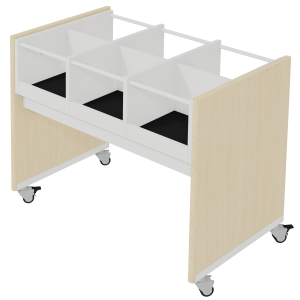 Bac à BD enfant mobile 6 cases mélaminé et plaqué hêtre tube époxy - L97xP62,5xH77,8 cm
