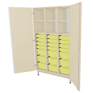 Armoire PICCOLO 2 portes mélaminé 21 bacs jaune - L104,5xP48xH180 cm - Hêtre miel/Gris alu RAL 9006