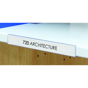 Porte-étiquette coulissant plexiglas bristol blanc pour tablette chant droit mélaminé - L15xH1,6 cm