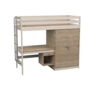 Lit mezzanine VERCORS II bois armoire à droite et bureau mélaminé sommier à lattes rigides - 80x200 cm