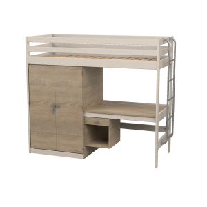 Lit mezzanine VERCORS II bois armoire à gauche et bureau mélaminé sommier à lattes rigides - 80x200 cm