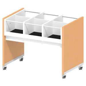 Bac à BD enfant mobile 6 cases mélaminé et plaqué hêtre tube époxy - L97xP62,5xH77,8 cm