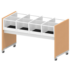 Bac à BD enfant mobile 8 cases mélaminé et plaqué hêtre tube époxy - L127xP62,5xH77,8 cm