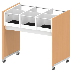 Bac à BD mobile 6 cases mélaminé et plaqué hêtre tube époxy - L98xP62,5xH92,8 cm