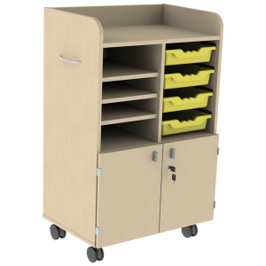 Meuble enseignant PICCOLO mobile m?lamin? 4 bacs coloris jaune - L76,5xP50xH113,5 cm - H?tre miel