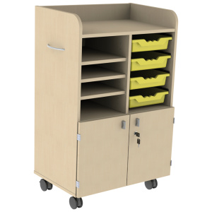 Meuble enseignant PICCOLO mobile mélaminé 4 bacs coloris jaune - L76,5xP50xH113,5 cm - Hêtre miel