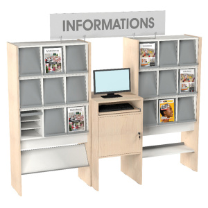 Ensemble kiosque ONISEP poste de consultation, meuble à périodiques et signalétique frontale - L239xP60xH210 cm