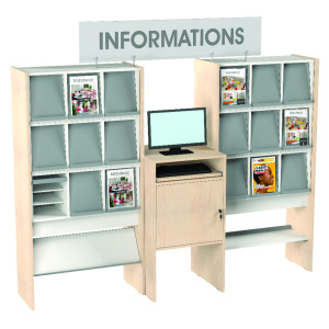 Ensemble kiosque ONISEP poste de consultation, meuble à périodiques et signalétique frontale - L239xP60xH210 cm