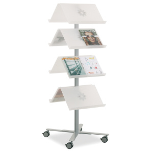 Présentoir VOILÀ mobile double face 8 tablettes piètement époxy - L58xP70xH164,5 cm - Blanc/aluminium