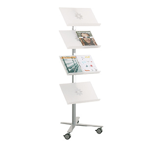 Présentoir VOILÀ mobile simple face 4 tablettes piètement époxy - L58xP70xH164,5 cm - Blanc/aluminium