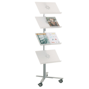 Présentoir VOILÀ mobile simple face 4 tablettes piètement époxy - L58xP70xH164,5 cm - Blanc/aluminium
