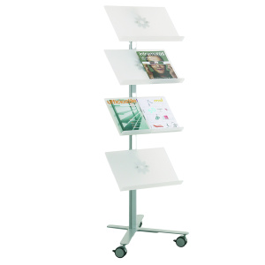 Présentoir VOILÀ mobile simple face 4 tablettes piètement époxy - L58xP70xH164,5 cm - Blanc/aluminium
