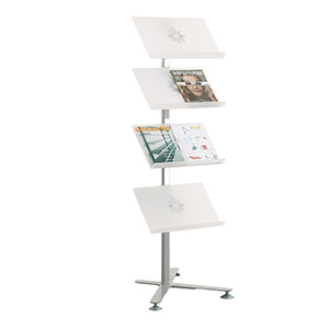 Présentoir VOILÀ simple face 4 tablettes piètement époxy - L58xP70xH157 cm - Blanc/aluminium