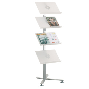 Présentoir VOILÀ simple face 4 tablettes piètement époxy - L58xP70xH157 cm - Blanc/aluminium