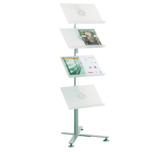 Présentoir VOILÀ simple face 4 tablettes piètement époxy - L58xP70xH157 cm - Blanc/aluminium