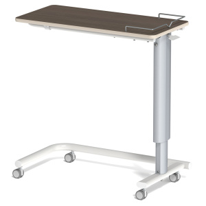 Table ADAP'TABLES mobile avec freins plateau avec galerie stratifié chant bois piètement époxy - H70 à 105 cm