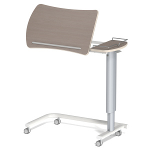 Table ADAP'TABLES mobile avec freins plateau courbe inclinable avec galerie stratifié chant bois piètement époxy - H70 à 105 cm