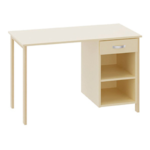 Bureau DREUX caisson 1 tiroir 2 niches plateau ép.19 mm mélaminé chant ABS piètement bois incolore - 120x60 cm - T6 - Coquille d'œuf