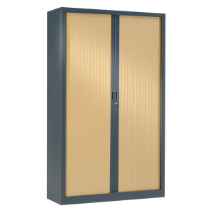 Armoire à rideaux GÉNÉRIC 4 tablettes coloris noir époxy - L120xP45xH198 cm - Anthracite RAL 7016/Chêne clair