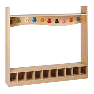 Banc avec portemanteau 10 casiers mélaminé 10 patères multicolores - L150xP25xH140 cm - Hêtre miel