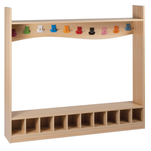 Banc avec portemanteau 10 casiers mélaminé 10 patères multicolores - L150xP25xH140 cm - Hêtre miel