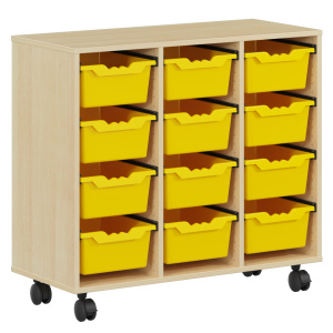 Meuble PICCOLO mobile mélaminé 12 bacs jaunes - L104,5xP45xH95 cm - Hêtre miel