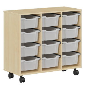 Meuble PICCOLO mobile mélaminé 12 bacs transparents - L104,5xP45xH95 cm - Hêtre miel