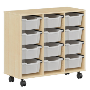 Meuble PICCOLO mobile mélaminé 12 bacs transparents - L104,5xP45xH95 cm - Hêtre miel