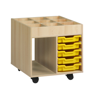 Chariot PICCOLO mobile mélaminé 5 bacs jaunes - L73,5xP59,5xH85,8 cm - Hêtre miel