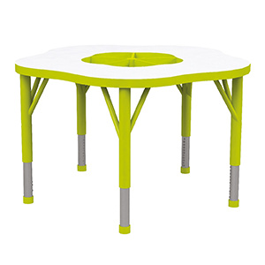Table JUK plateau mélaminé piètement acier - fleur D90 cm - T1 à T3 - Blanc/vert pomme