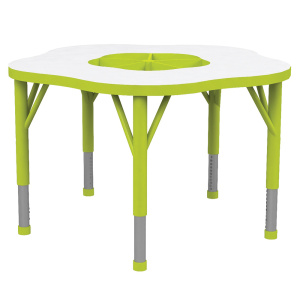 Table JUK plateau mélaminé piètement acier - fleur D90 cm - T1 à T3 - Blanc/vert pomme
